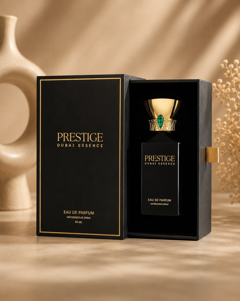 Prestige Dubai Essence parfém v tmavém flakonku se zlatými prvky v kompletní balením