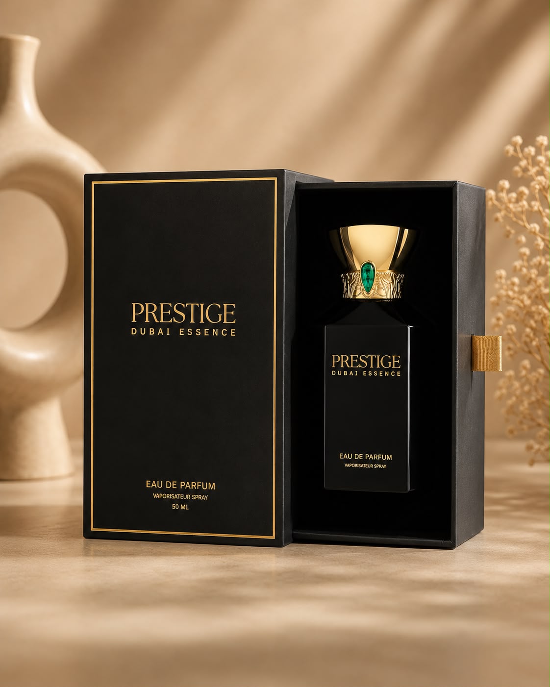 Prestige Dubai Essence parfém v tmavém flakonku se zlatými prvky v kompletní balením